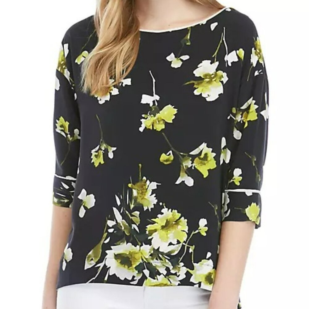 Ellen Tracy Navy Blue Lime Green White French Cuff Dress Blouse Tunic Top M L